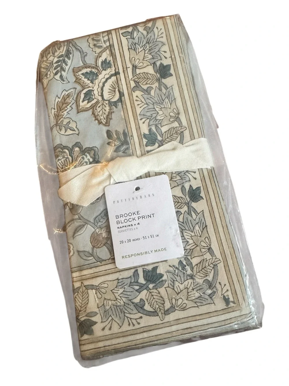 Pottery Barn Brooke Block Print Napkins - Blue and Cream